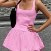 Saonta Women's 2024 Summer Mini Dress Tank Sleeveless Square Neck Solid Color Puffy Beach Short Dresses Sundress