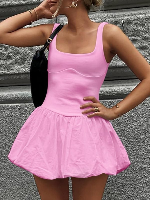 Saonta Women's 2024 Summer Mini Dress Tank Sleeveless Square Neck Solid Color Puffy Beach Short Dresses Sundress