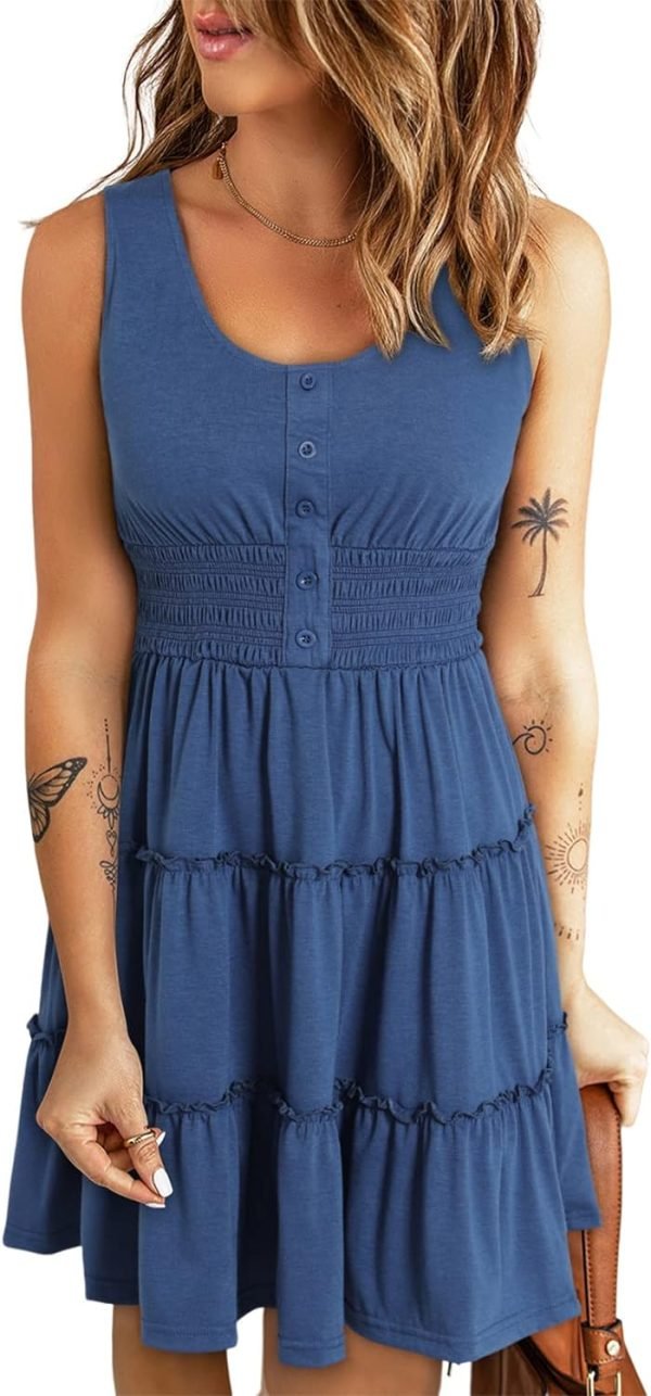 Saonta  Womens Summer Dresses 2024 Sleeveless Button Down Smocked Elastic Waist Ruffle Tiered Casual Swing Mini Dress