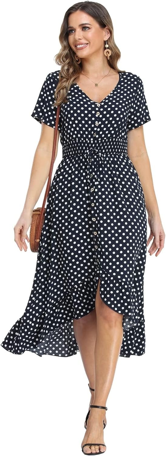 Women's Polka Dots Short Sleeve V Neck Dresses Vintage Boho Maxi Summer Dress with Stretchy Waist