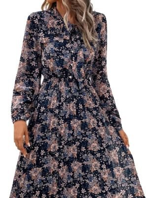 Saonta  Work Dresses for Women 2023 Long Sleeves Chiffon Black Dress Retro Pleated Buttons Down Bow Tie Loose Causal Dresses