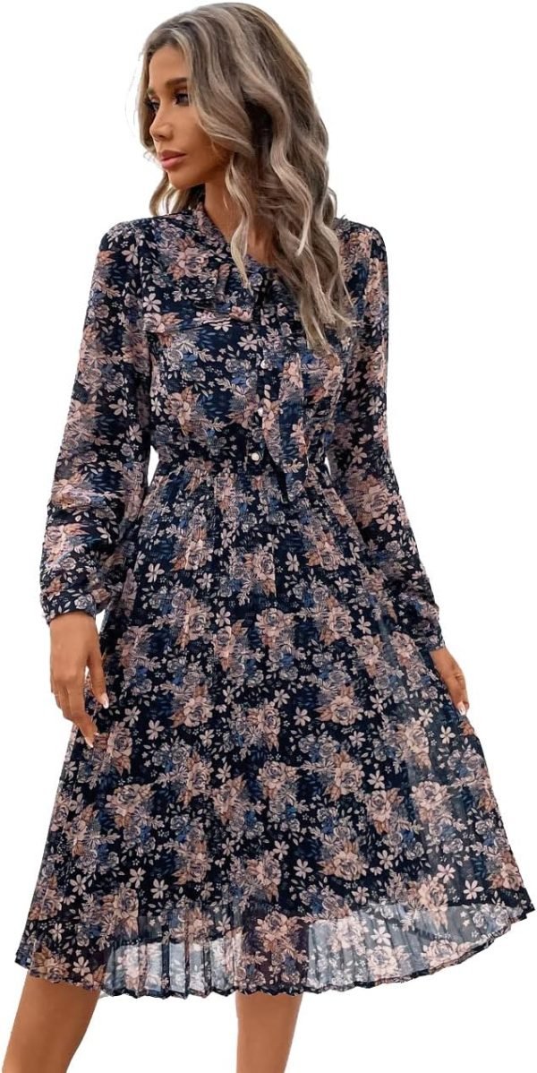 Saonta  Work Dresses for Women 2023 Long Sleeves Chiffon Black Dress Retro Pleated Buttons Down Bow Tie Loose Causal Dresses