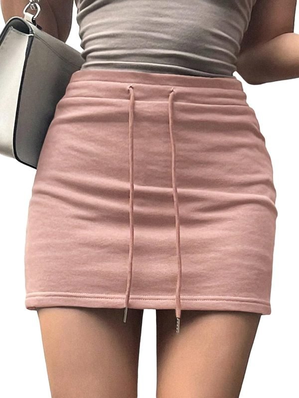 Saonta  Women's Drawstring Waist Bodycon Skirt Skinny Mini Length Casual Plain Skirts