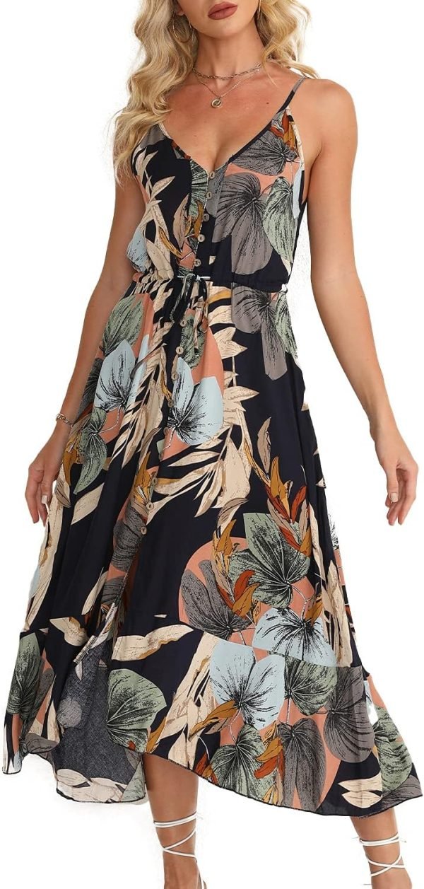 Saonta  Women's 2024 Summer Casual Boho Sundress Polka Dot Spaghetti Strap V Neck Flowy Midi Dresses