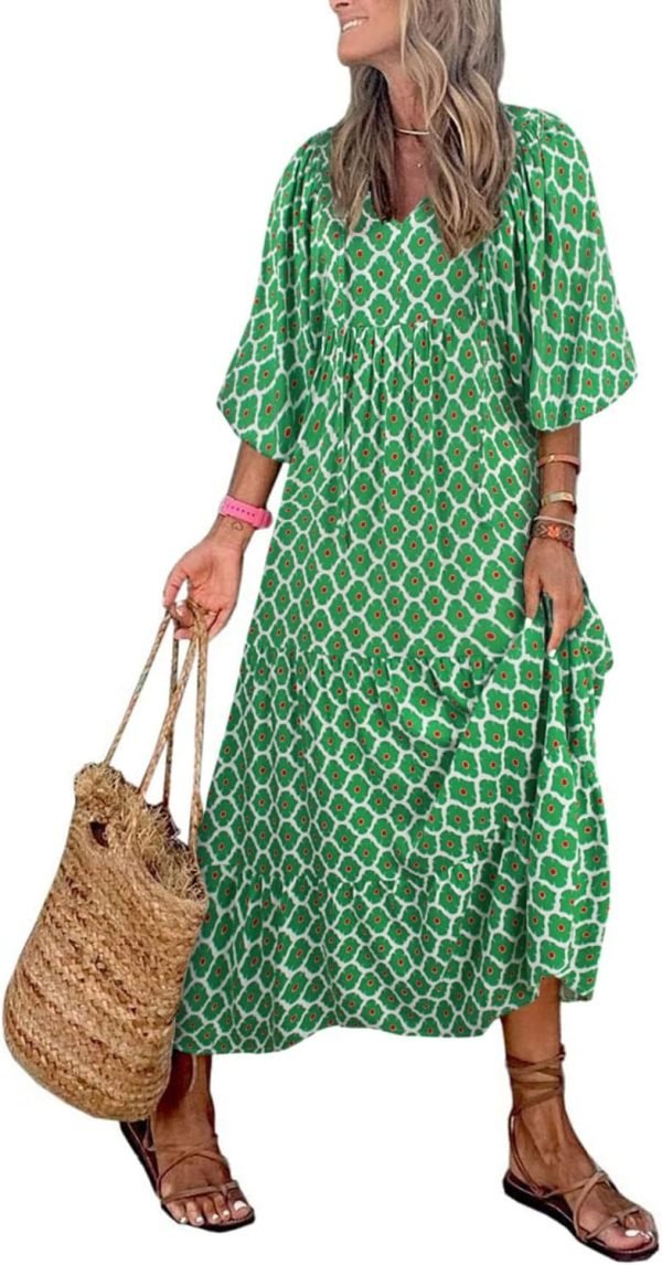 Saonta  Womens Loose Fit Casual Summer V Neck Half Sleeve Bohemian Geometric Pattern Maxi Long Dresses