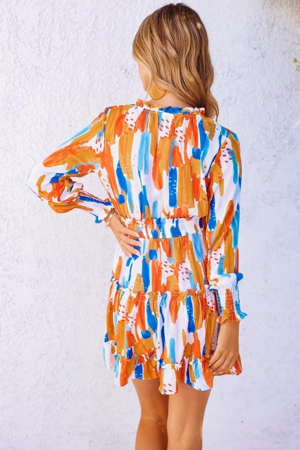 Saonta  Womens Summer Dresses 2024 Boho Floral Drawstring V Neck Smocked Long Sleeve Ruffle Tiered Chiffon Mini Short Dress