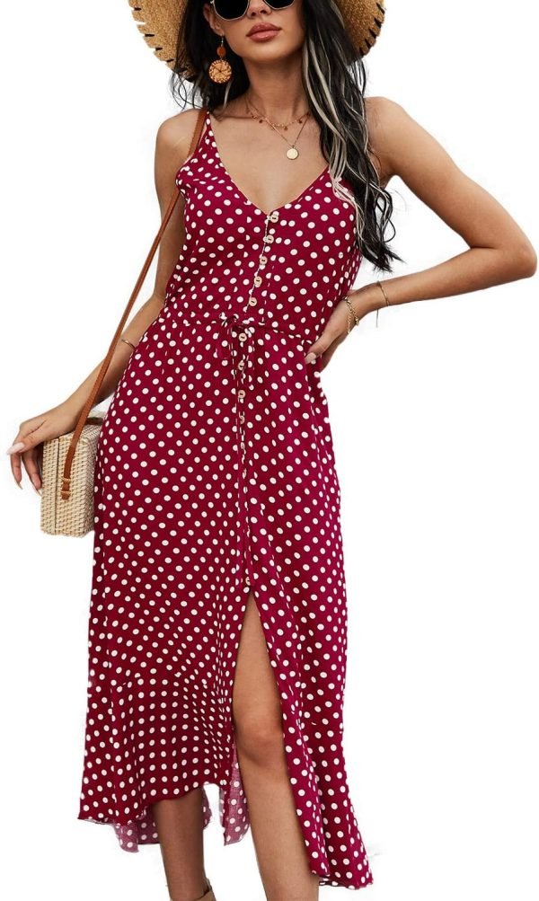 Saonta  Women's 2024 Summer Casual Boho Sundress Polka Dot Spaghetti Strap V Neck Flowy Midi Dresses