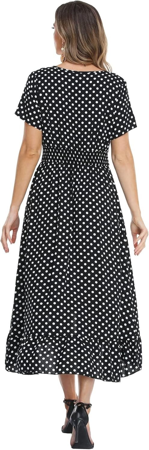 Women's Polka Dots Short Sleeve V Neck Dresses Vintage Boho Maxi Summer Dress with Stretchy Waist