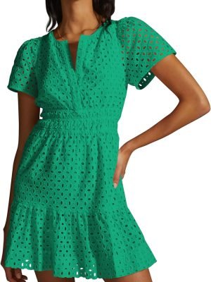 Saonta  Womens 2024 Summer Short Dress V Neck Short Sleeve A Line Hollow Out Lace Ruffle Cute Casual Beach Party Dresses