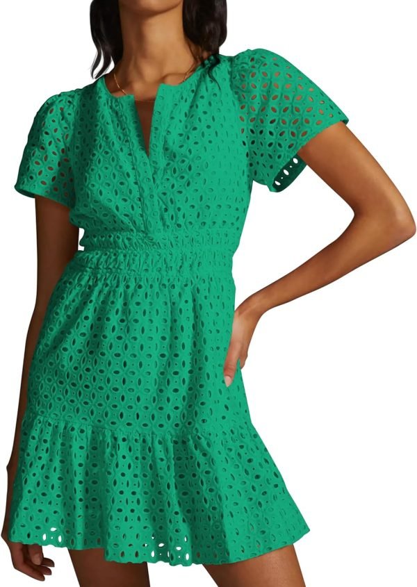Saonta  Womens 2024 Summer Short Dress V Neck Short Sleeve A Line Hollow Out Lace Ruffle Cute Casual Beach Party Dresses