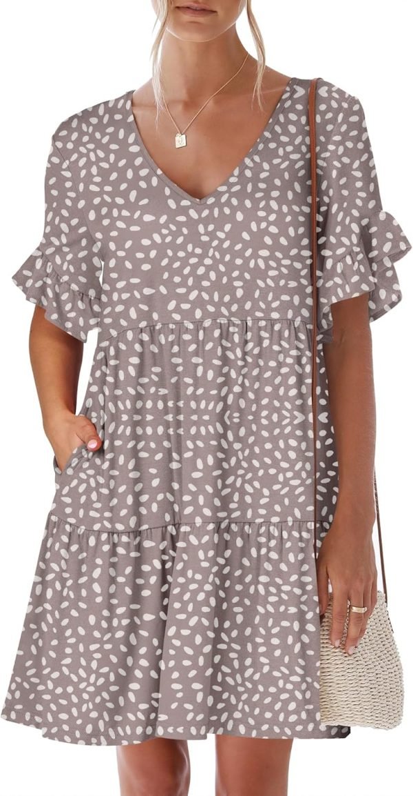 Saonta  Women's 2024 Summer Trendy V Neck Ruffle Short Sleeve A Line Tiered Flowy Casual Mini Beach Dress with Pockets