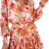 Saonta  Womens Summer Dresses 2024 Boho Floral Drawstring V Neck Smocked Long Sleeve Ruffle Tiered Chiffon Mini Short Dress