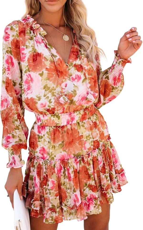 Saonta  Womens Summer Dresses 2024 Boho Floral Drawstring V Neck Smocked Long Sleeve Ruffle Tiered Chiffon Mini Short Dress