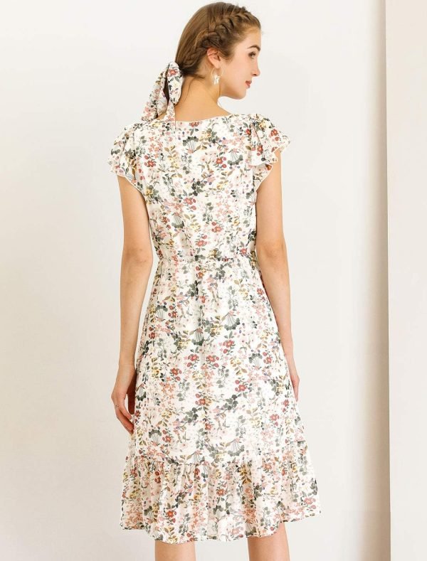 Saonta  K Women's Floral Chiffon Flutter Sleeve Belted Square Neck Ruffled Hem Dress