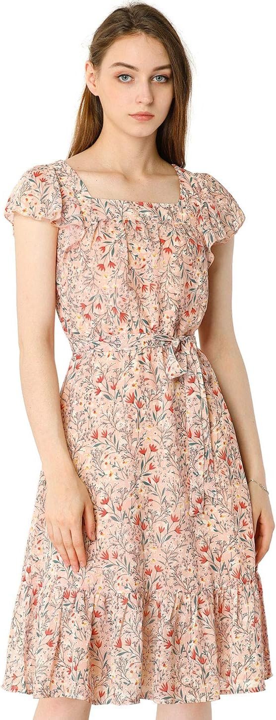 Saonta  K Women's Floral Chiffon Flutter Sleeve Belted Square Neck Ruffled Hem Dress