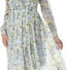 Saonta  Women Floral Print V Neck Long Sleeves Ruffles Pleated Chiffon Flowy Swing Midi Dress