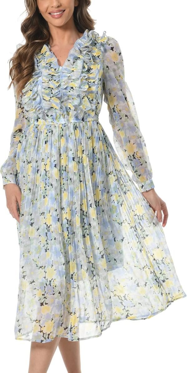Saonta  Women Floral Print V Neck Long Sleeves Ruffles Pleated Chiffon Flowy Swing Midi Dress