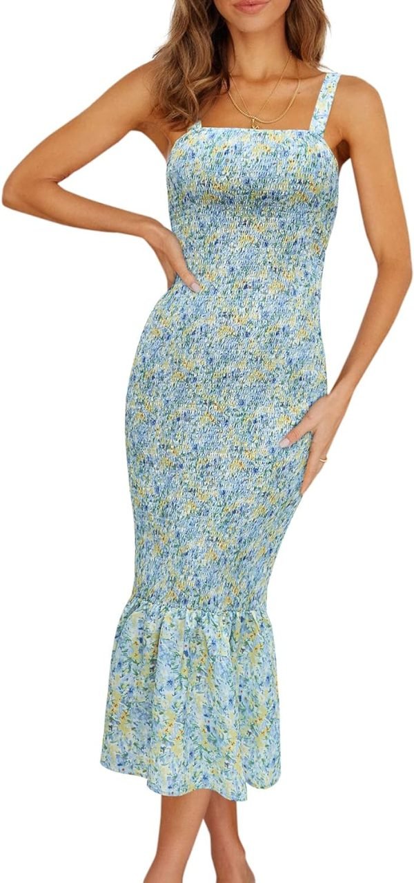 Saonta Womens Sleeveless Strappy Ruffle Hem Smocked Bodycon Dress