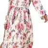 Saonta  Women's Floral Midi Dress Puff Long Sleeve Casual Ruffle Chiffon A-Line Swing Pleated Belted Tea Party Dresses