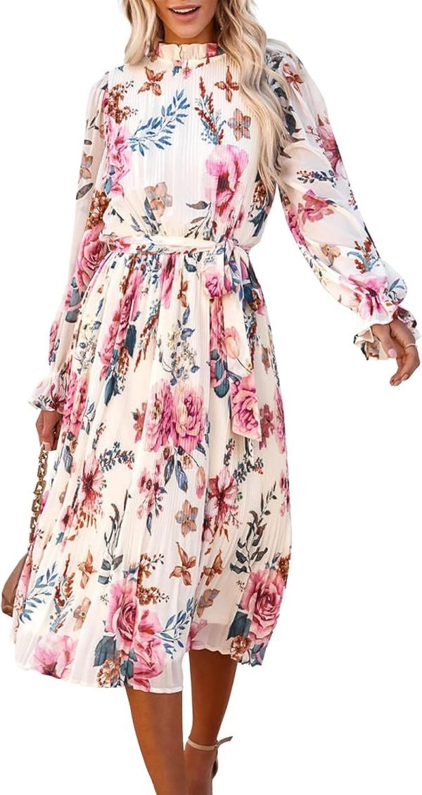 Saonta  Women's Floral Midi Dress Puff Long Sleeve Casual Ruffle Chiffon A-Line Swing Pleated Belted Tea Party Dresses