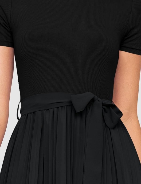 Saonta Womens Summer Short Sleeve Midi Dresses Spring Casual Crew Neck Knit Belted Pleated A Line Flowy Wedding Guest Dress