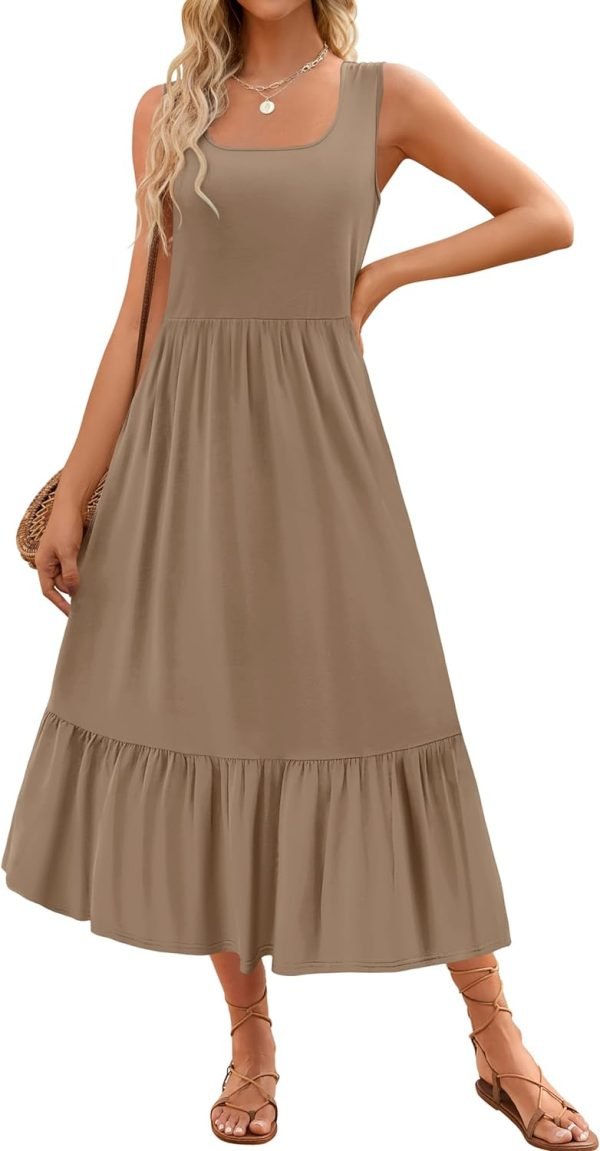 Saonta Women's 2024 Summer Sleeveless Dress Square Neck Pleated Swing Casual Maxi Dresses with Pockets