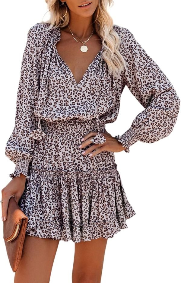 Saonta  Womens Summer Dresses 2024 Boho Floral Drawstring V Neck Smocked Long Sleeve Ruffle Tiered Chiffon Mini Short Dress
