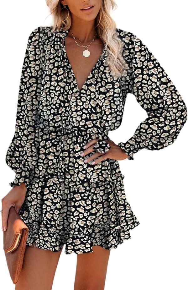 Saonta  Womens Summer Dresses 2024 Boho Floral Drawstring V Neck Smocked Long Sleeve Ruffle Tiered Chiffon Mini Short Dress