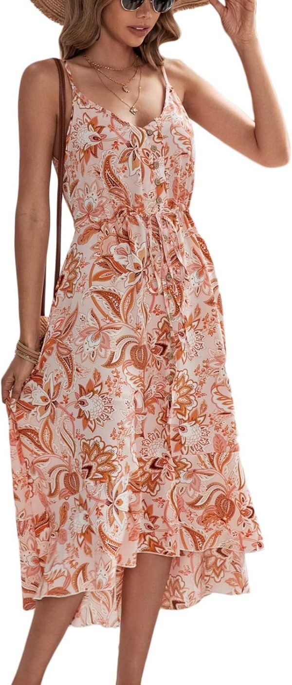 Saonta  Women's 2024 Summer Casual Boho Sundress Polka Dot Spaghetti Strap V Neck Flowy Midi Dresses