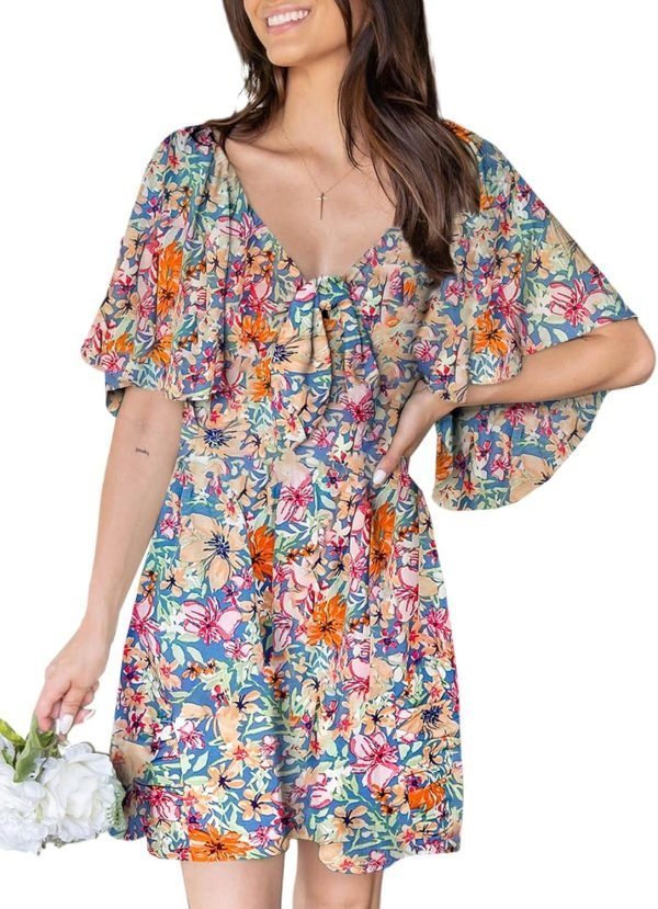 Saonta  Womens Dresses 2024 Spring Summer Deep V Neck Elegant Bow tie Mini Dress S-XL