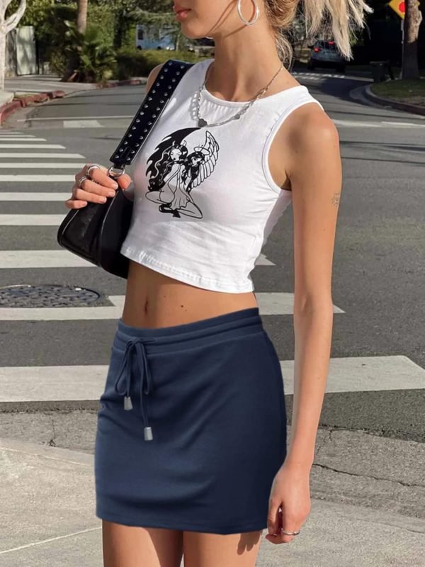 Saonta  Women's Casual Mini Skirt Drawstring Summer High Waist Bodycon Short Skirts