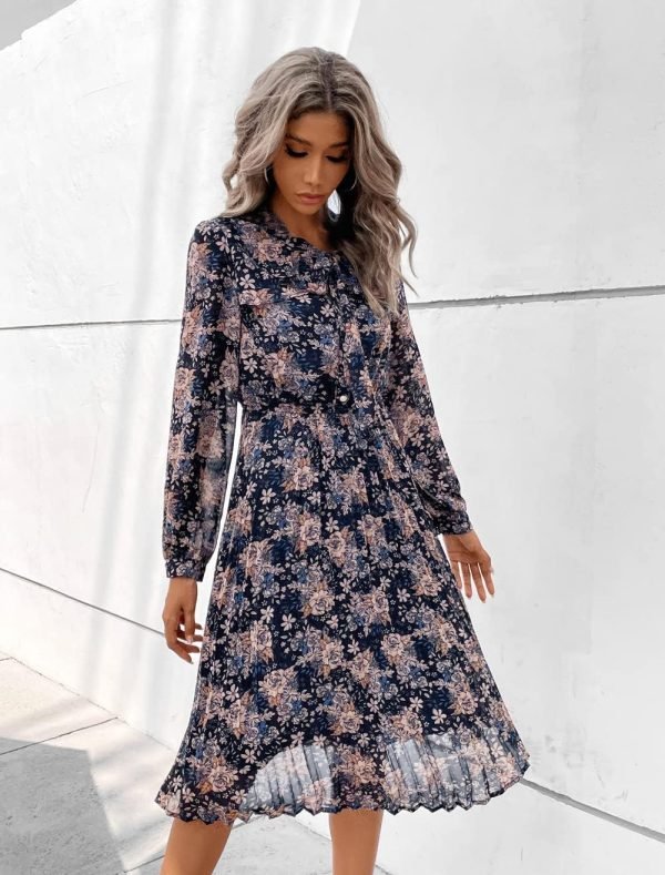 Saonta  Work Dresses for Women 2023 Long Sleeves Chiffon Black Dress Retro Pleated Buttons Down Bow Tie Loose Causal Dresses