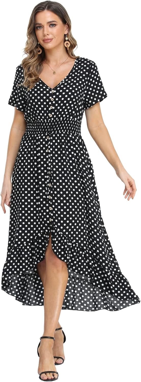 Women's Polka Dots Short Sleeve V Neck Dresses Vintage Boho Maxi Summer Dress with Stretchy Waist