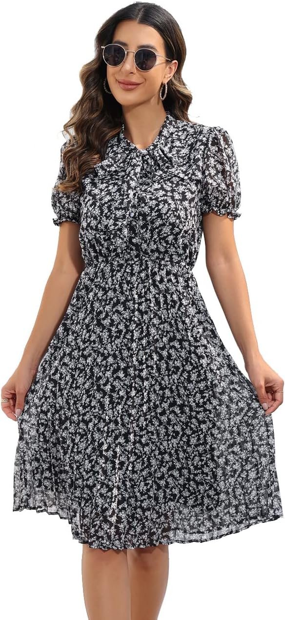 Saonta  Work Dresses for Women 2023 Long Sleeves Chiffon Black Dress Retro Pleated Buttons Down Bow Tie Loose Causal Dresses