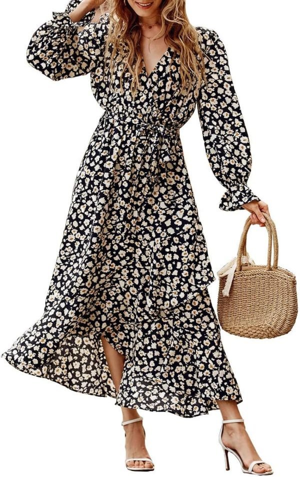 Saonta  Women Long Sleeve Wrap Maxi Dress V Neck Boho Floral High Waist Flowy Ruffle 2024 Spring Summer Dresses with Belt