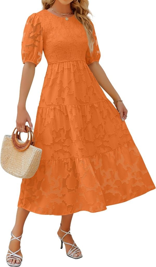 Saonta Women's 2024 Summer Short Puff Sleeve Crewneck Smocked Floral Lace Flowy A Line Tiered Maxi Dresses