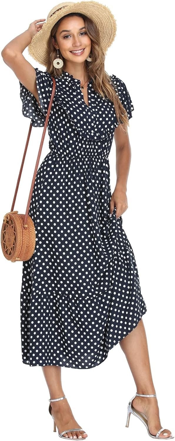 Women's Polka Dots Short Sleeve V Neck Dresses Vintage Boho Maxi Summer Dress with Stretchy Waist