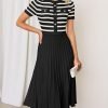 Saonta Women's Casual Striped Midi Dress Crewneck Short Sleeve Button Ribbed Knit Swing Pleated A Line Dresses