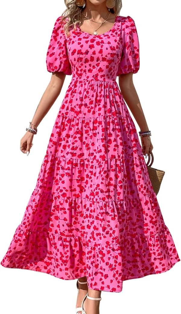 Saonta  Womens Dresses 2024 Puff Sleeve Floral Casual Summer Dresses Smocked Backless Beach Flowy Tiered Maxi Dress