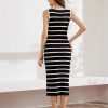 Saonta  Womens 2024 Summer Striped Dress Sleeveless Knitted Midi Bodycon Dresses Tank Ribbed Sweater Beach Dress
