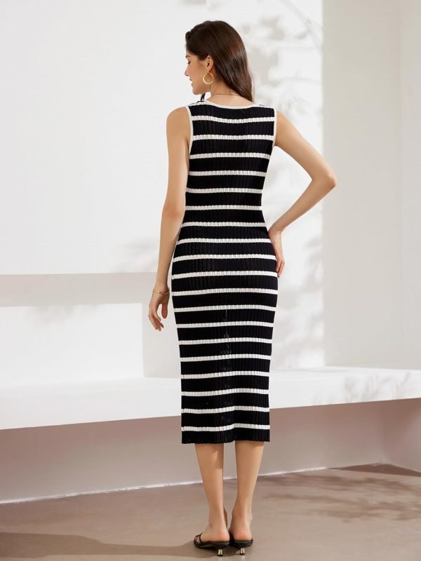 Saonta  Womens 2024 Summer Striped Dress Sleeveless Knitted Midi Bodycon Dresses Tank Ribbed Sweater Beach Dress