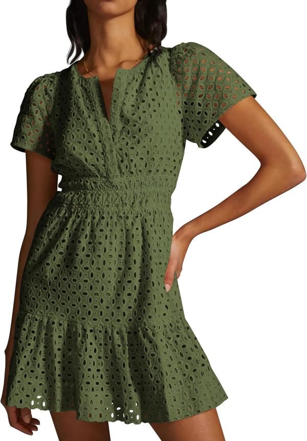 Saonta  Womens 2024 Summer Short Dress V Neck Short Sleeve A Line Hollow Out Lace Ruffle Cute Casual Beach Party Dresses