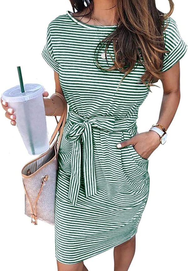 Saonta  Women's Summer Striped Short Sleeve T Shirt Dress Casual Tie Waist with Pockets