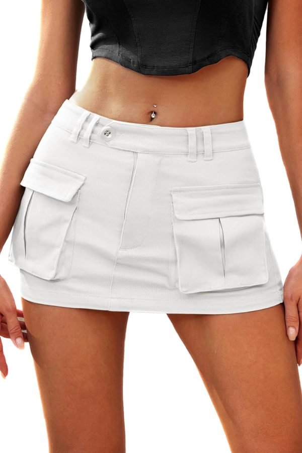 Saonta  Women's Low Waist Mini Saonta  Skirt Y2K, High-Stretch Bodycon Button Denim Skirt with Pockets