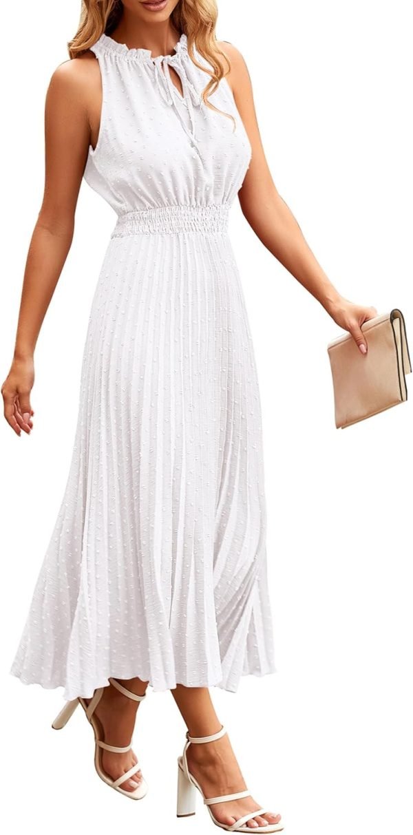 Saonta Womens Midi Summer V Neck Swiss Dot Ruffle Sleeveless A Line Beach Sun Dress