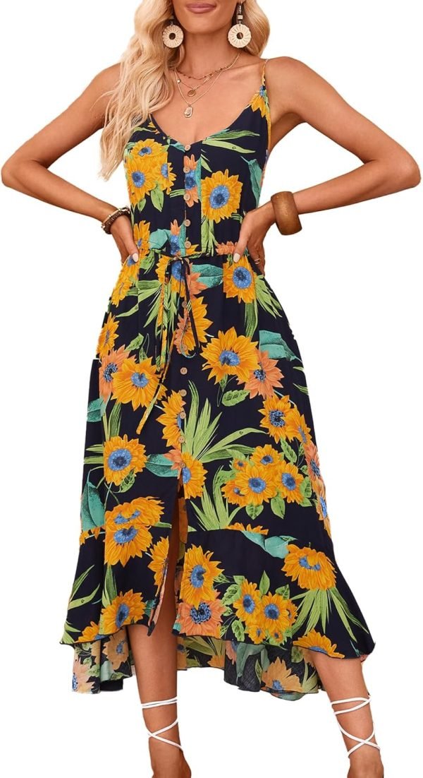 Saonta  Women's 2024 Summer Casual Boho Sundress Polka Dot Spaghetti Strap V Neck Flowy Midi Dresses