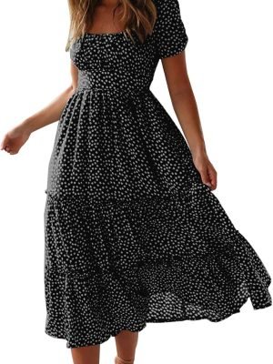 71npmHKFN4L._AC_SL1500 Saonta Dresses for Women 2023 Wedding Guest Summer V Neck Short Sleeve Smocked Ruffle Hem A-Line Polka Dot Boho Maxi Dress