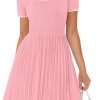 Saonta Women's Ribbed Square Neck Color Block Pleated Mini Dress Short Sleeve A Line Knit Short Dresses