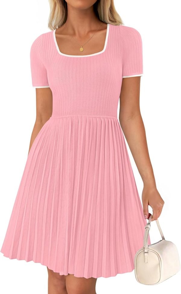 Saonta Women's Ribbed Square Neck Color Block Pleated Mini Dress Short Sleeve A Line Knit Short Dresses