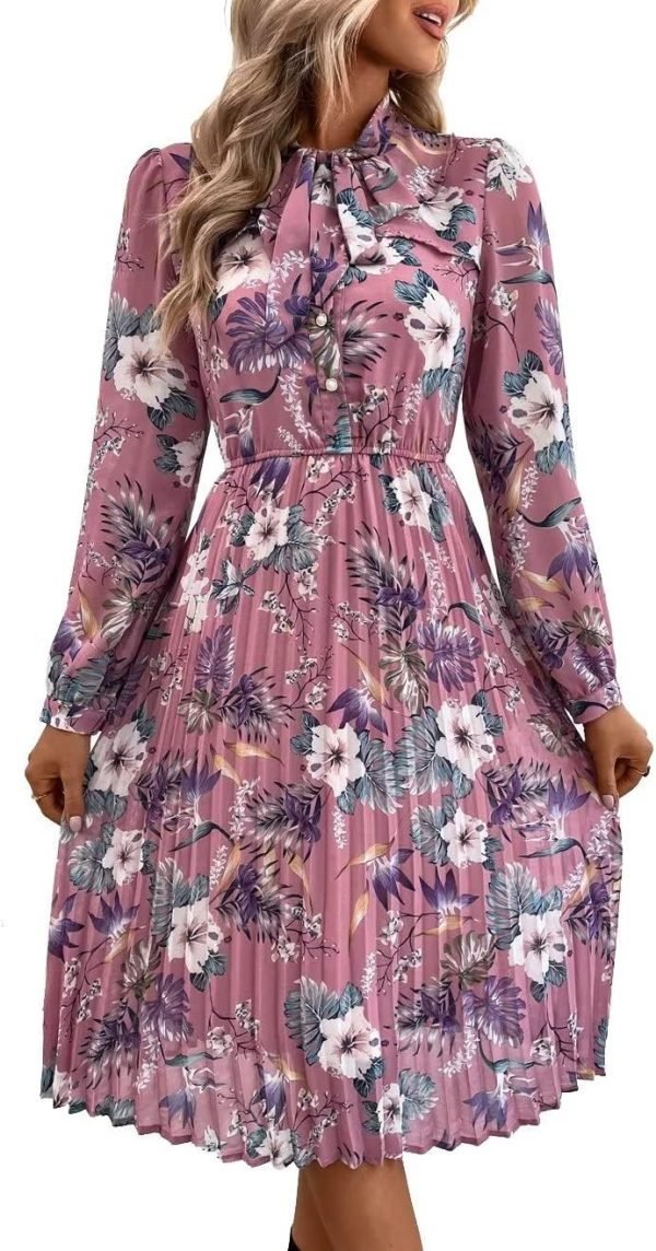 Saonta  Work Dresses for Women 2023 Long Sleeves Chiffon Black Dress Retro Pleated Buttons Down Bow Tie Loose Causal Dresses